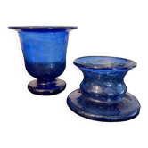 Duo de bougeoirs vintage en verre soufflé-bullé bleu cobalt
