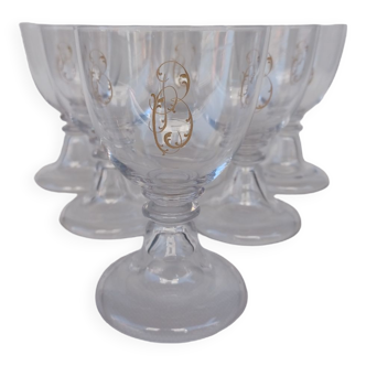 6 grands verres  cristal de val saint lambert. Service Pied Cloche Uni, fin XIX ème.