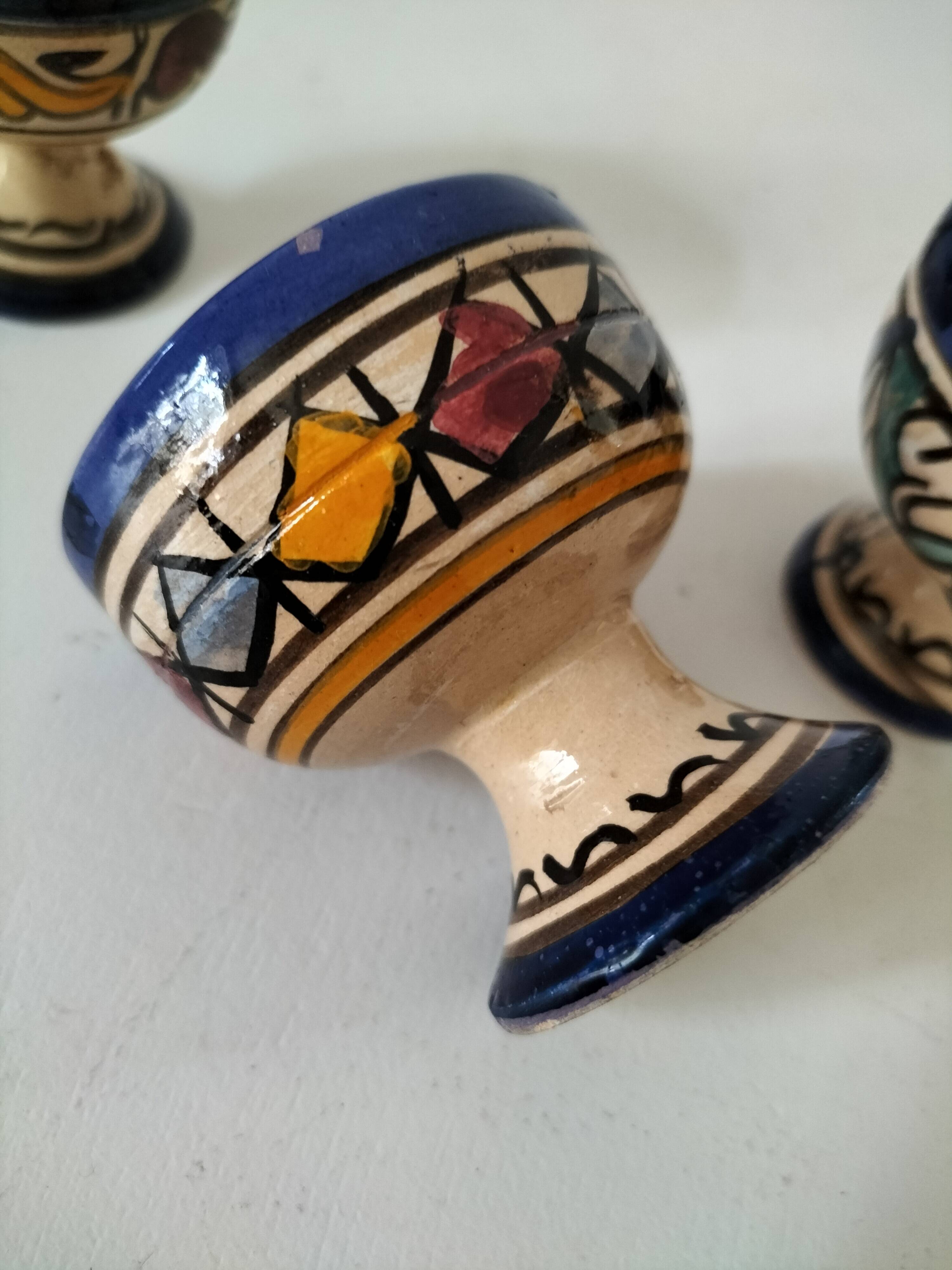 Trio of Moroccan ceramic egg cups from Fez, stamped
