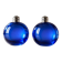 Bright blue glass salt and pepper shakers in a spherical shape.
