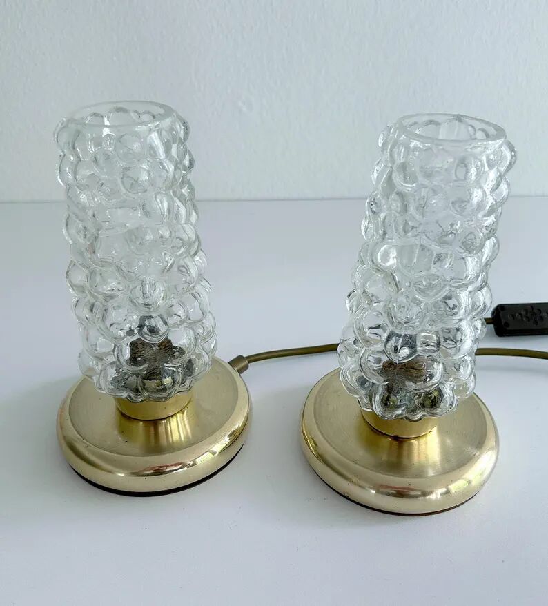 Pair Vintage Bubble Glass Table Lamps, Bedside, Brass