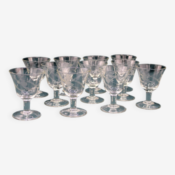 Ensemble 11 verres à vin Art Déco en cristal gravé - French - Vintage