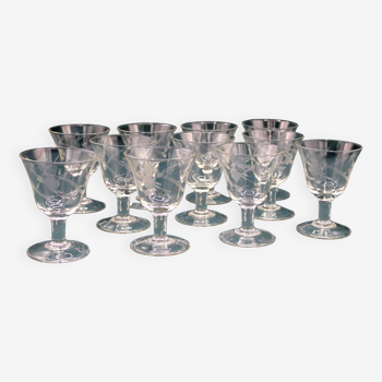 Set of 11 Art Deco wine glasses in engraved crystal - French - Vintage