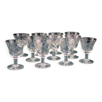 Set of 11 Art Deco wine glasses in engraved crystal - French - Vintage