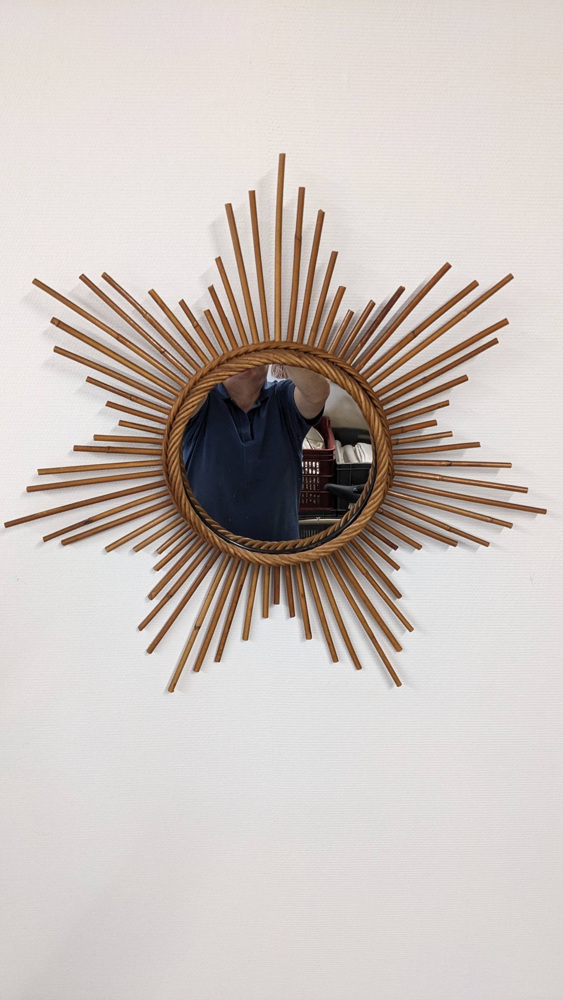 XL starry sun mirror in rattan, France around 1970