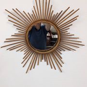 XL starry sun mirror in rattan, France around 1970