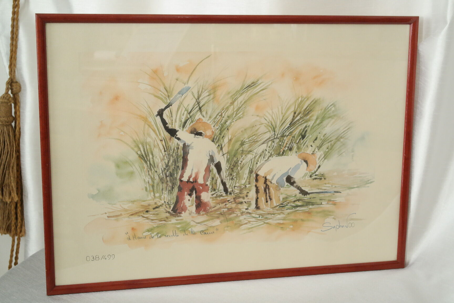 Numbered watercolor lithograph painting "the cane harvest"