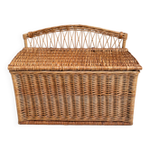  Coffre -banquette ancien en osier tressé-dossier ajouré 1950