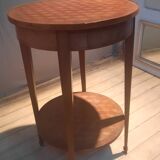 Round marquetry pedestal table with 2 shelves