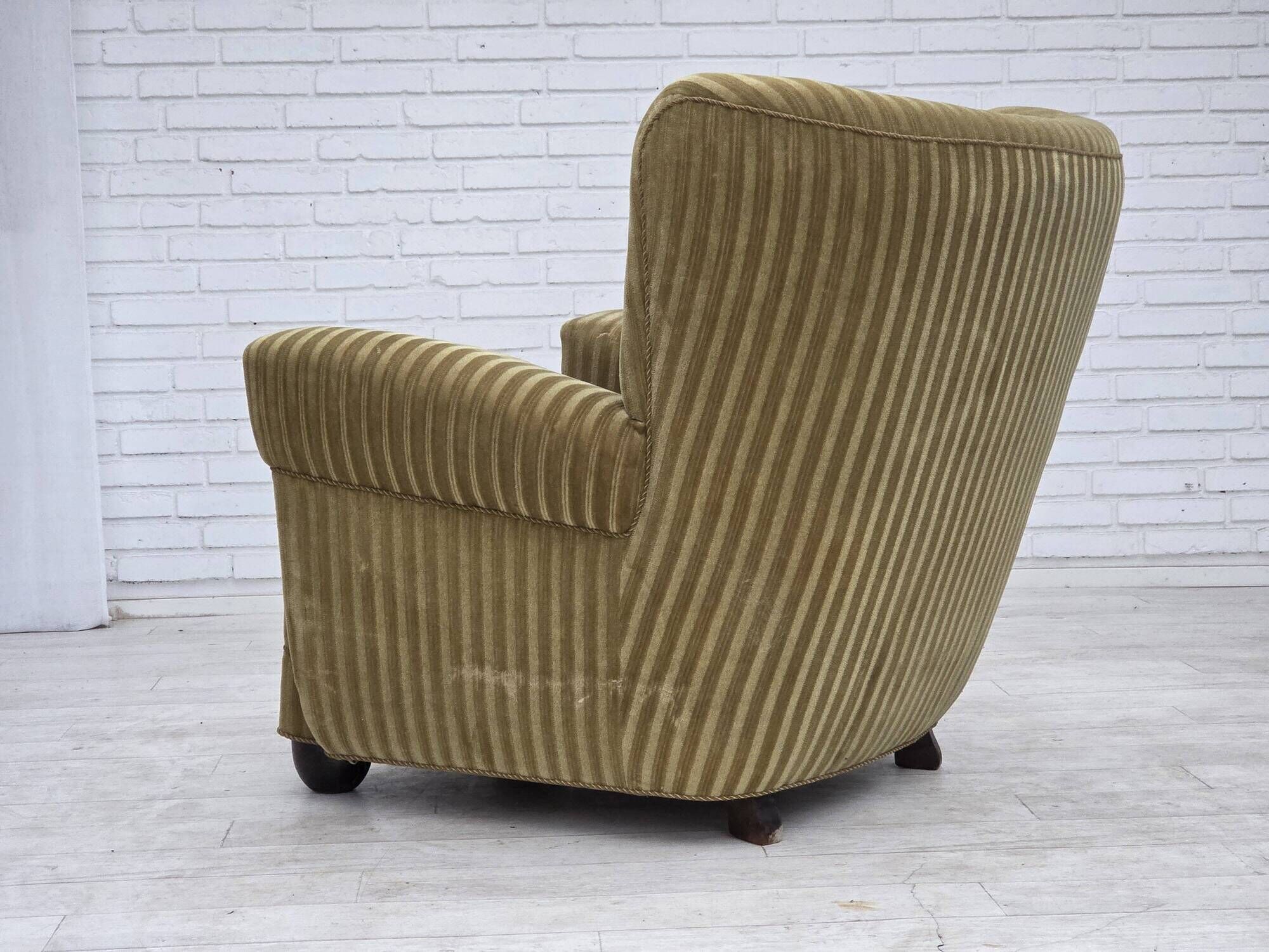 1960s, Danish relax armchair, furniture velour, oak wood.