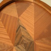 Oval wooden tray with glass and artisanal marquetry from the 70s.