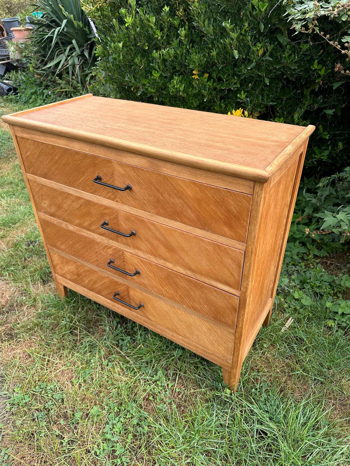 Vintage Scandinavian wooden chest of drawers with herringbone pattern - 4 drawers