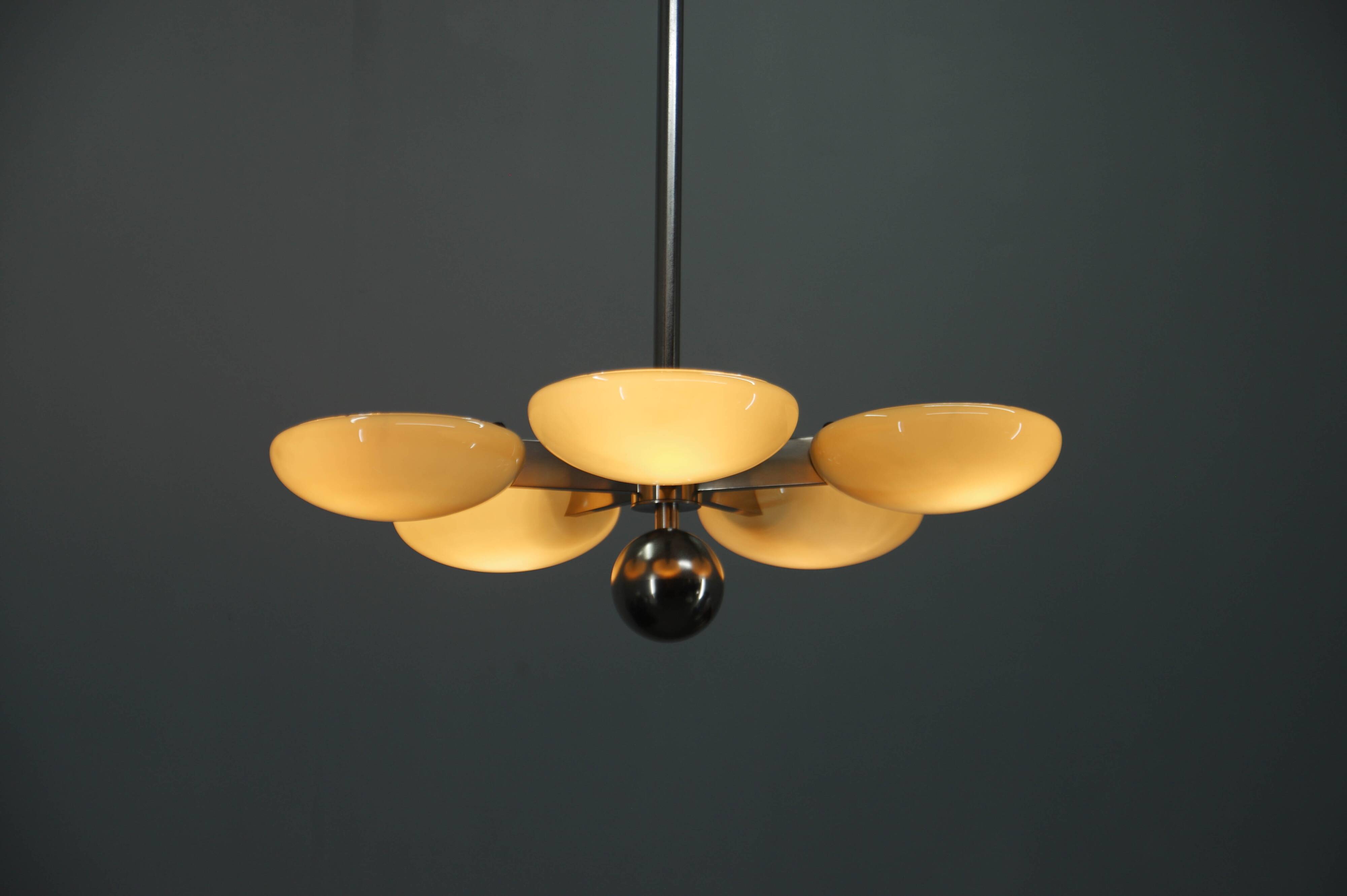 Exceptional Art Deco Functionalist Nickel-Plated Chandelier, 1930s