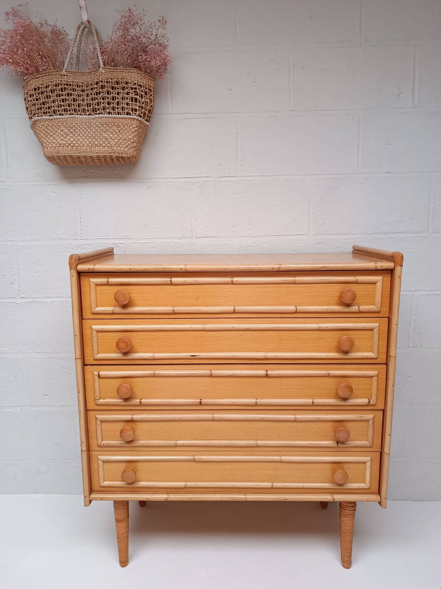 Bamboo and rattan wood chest of drawers from the 60s