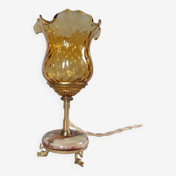 Brass alabaster table lamp and dark amber tulip globe, retro chic