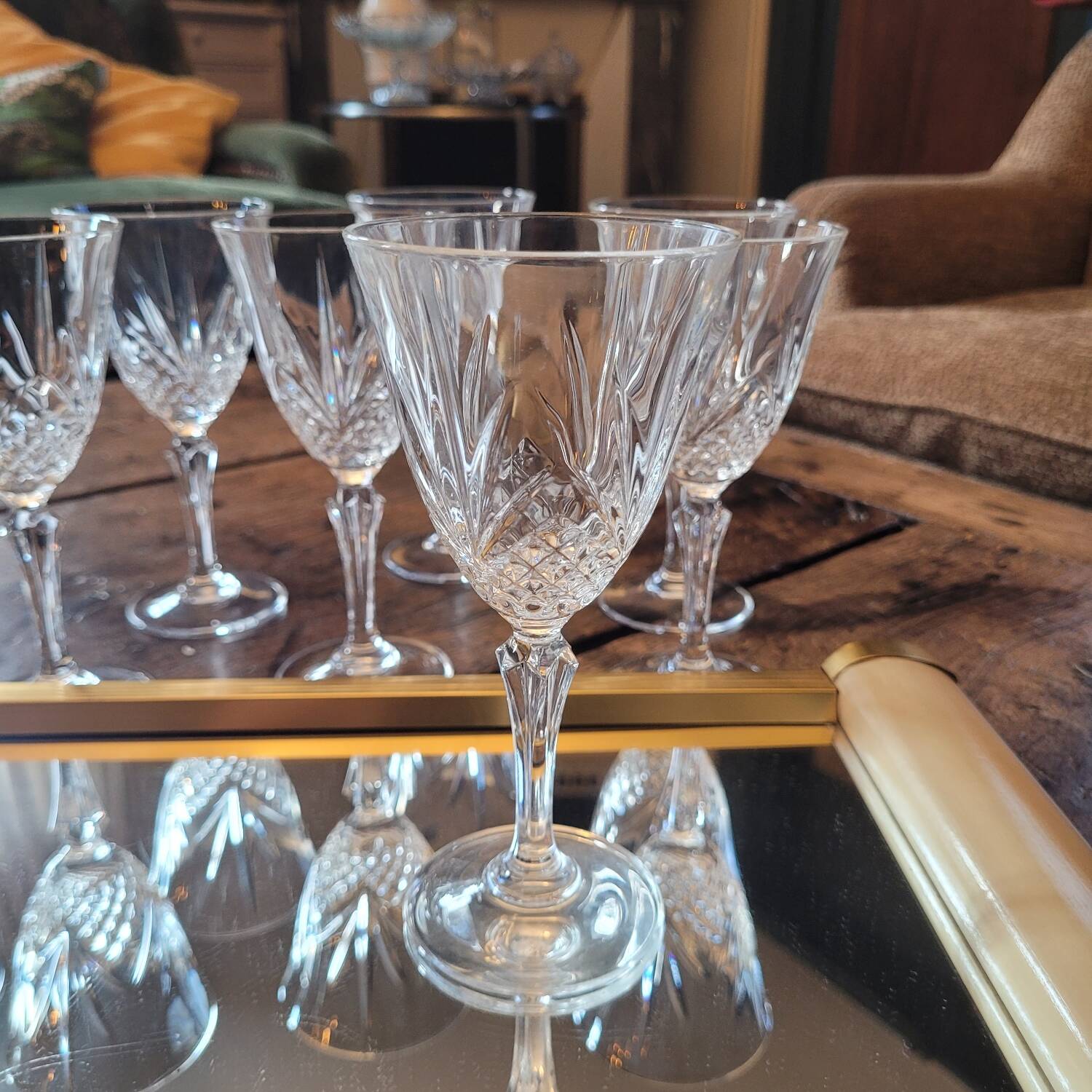 Set of 8 cut crystal glasses, hexagonal stem – 1950s