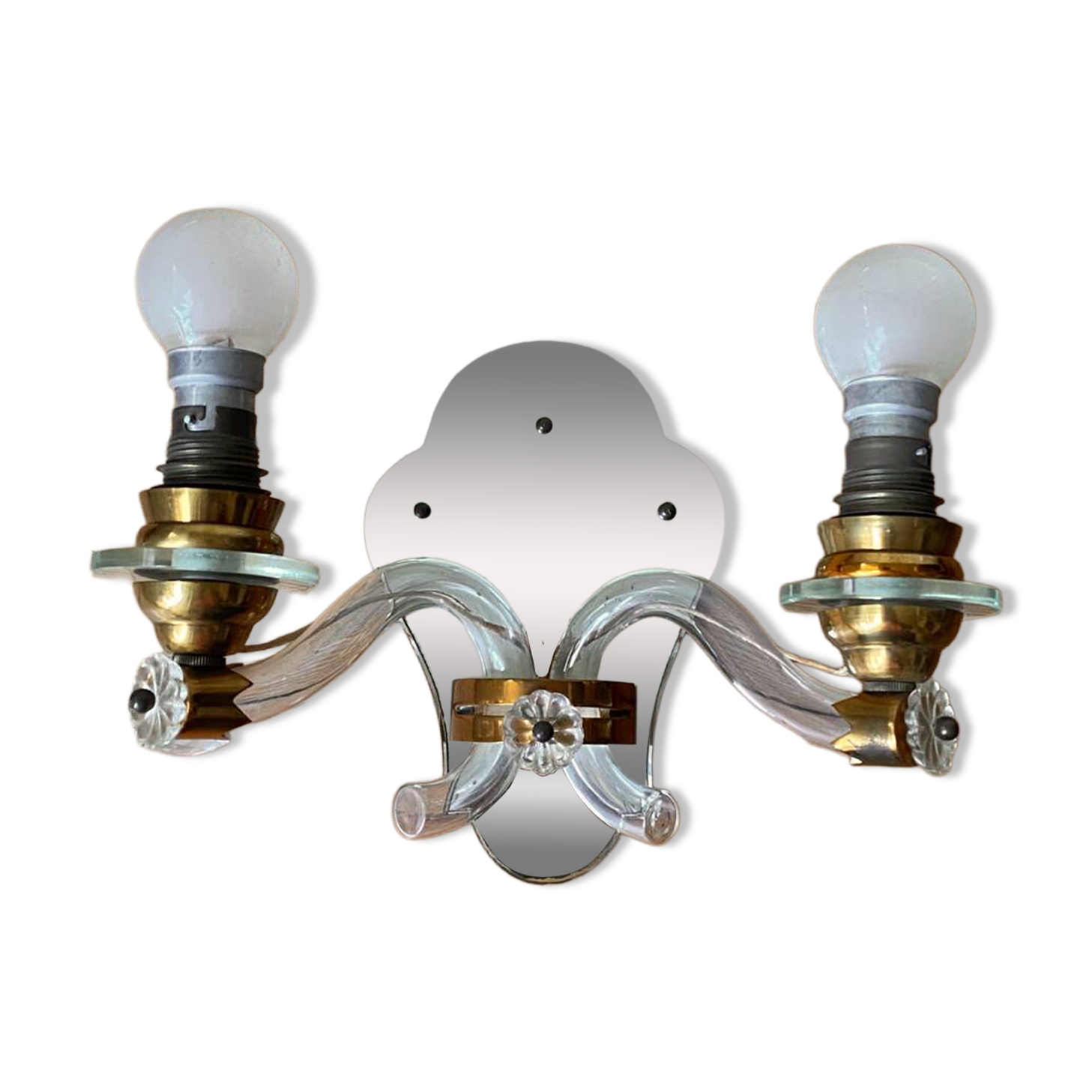 Applique murale ancienne en laiton et verre cristal