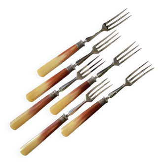 Set of 6 small bakelite and stainless steel cake dessert forks vintage tableware ACC-7083