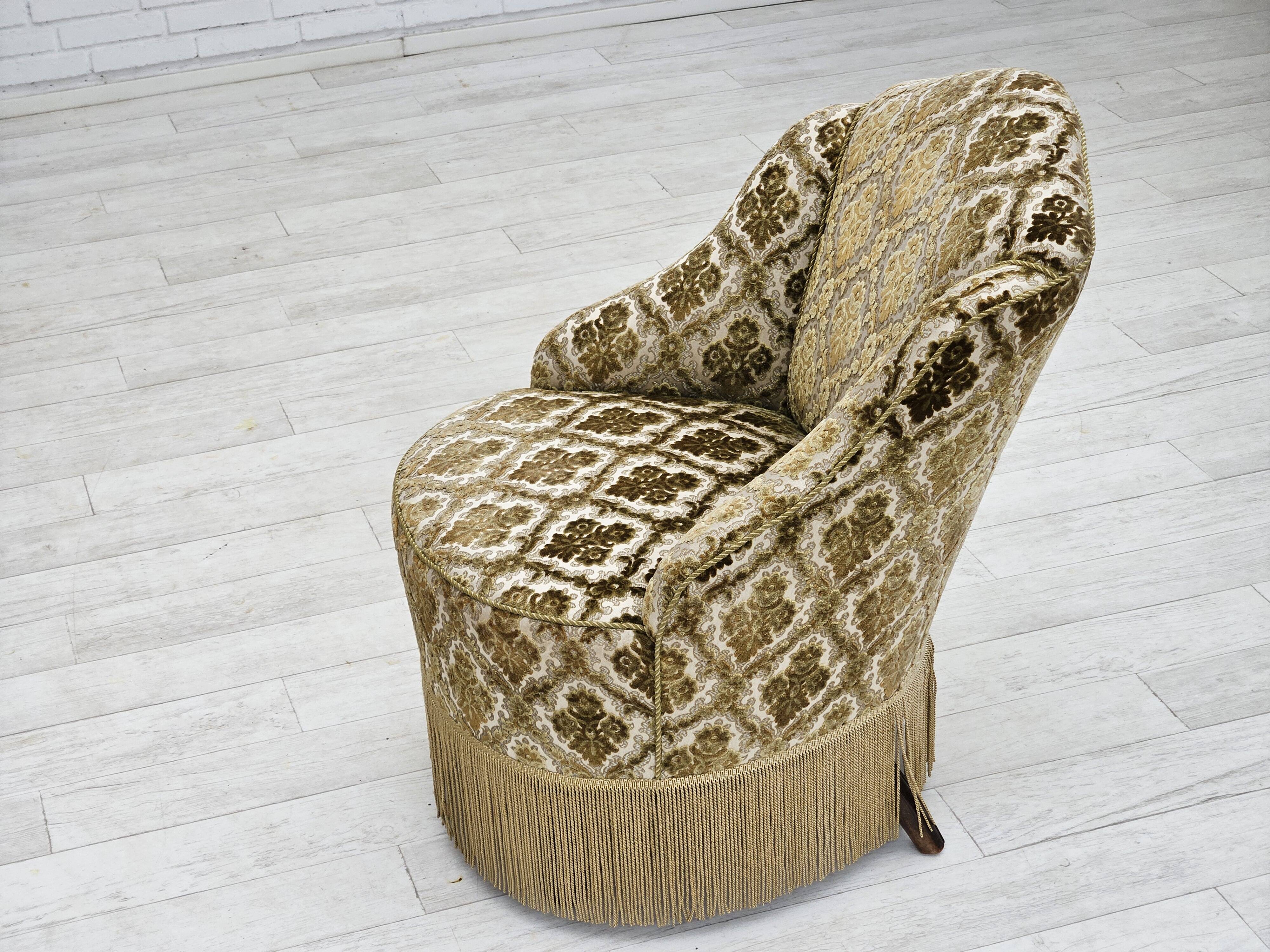 1950s, Danish lounge chair, furniture velour, ash wood legs.