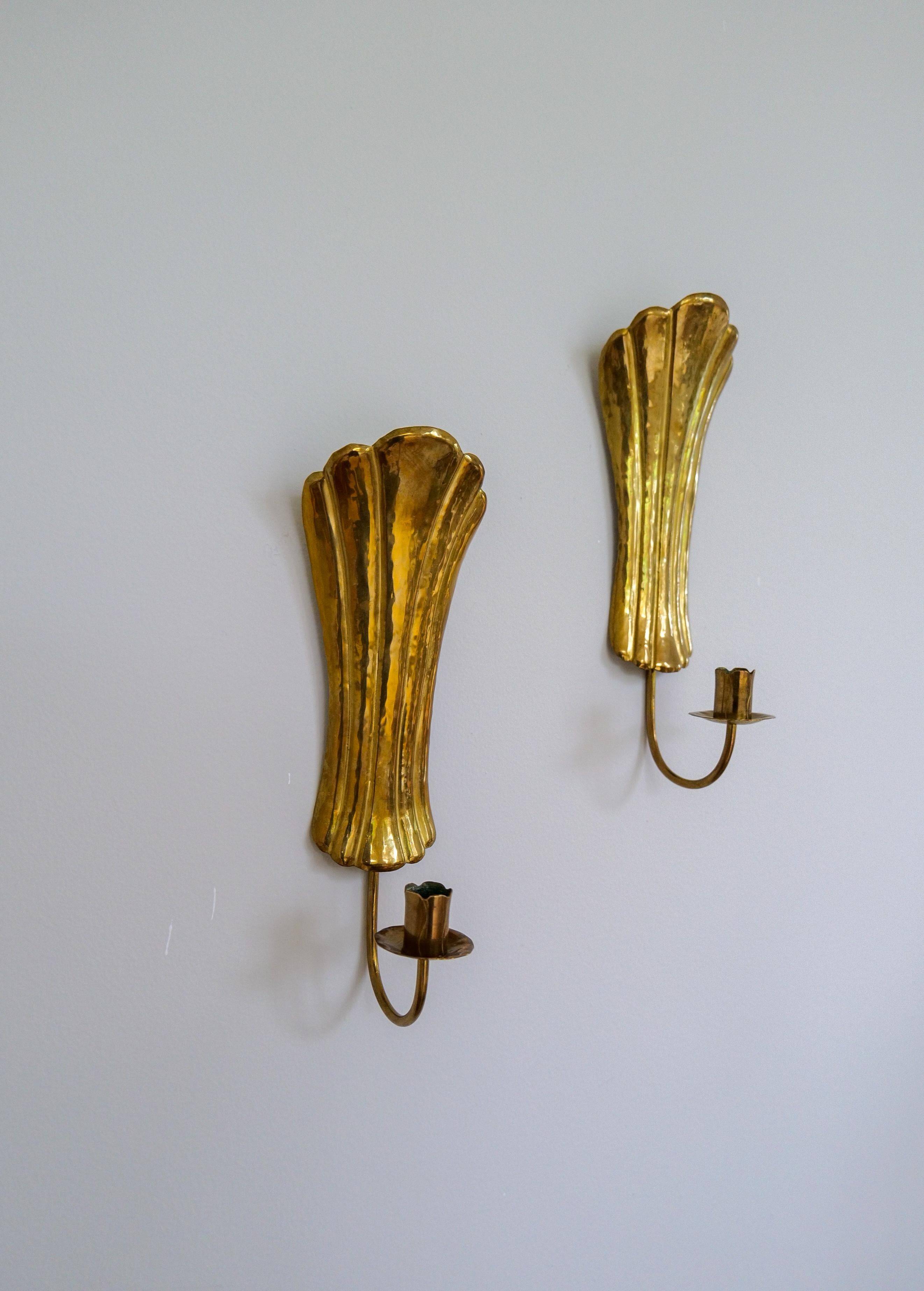 Pair of Art Deco wall sconces in brass, Sweden, 1950s