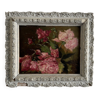 Oil on cardboard still life bouquet of roses late 19th century