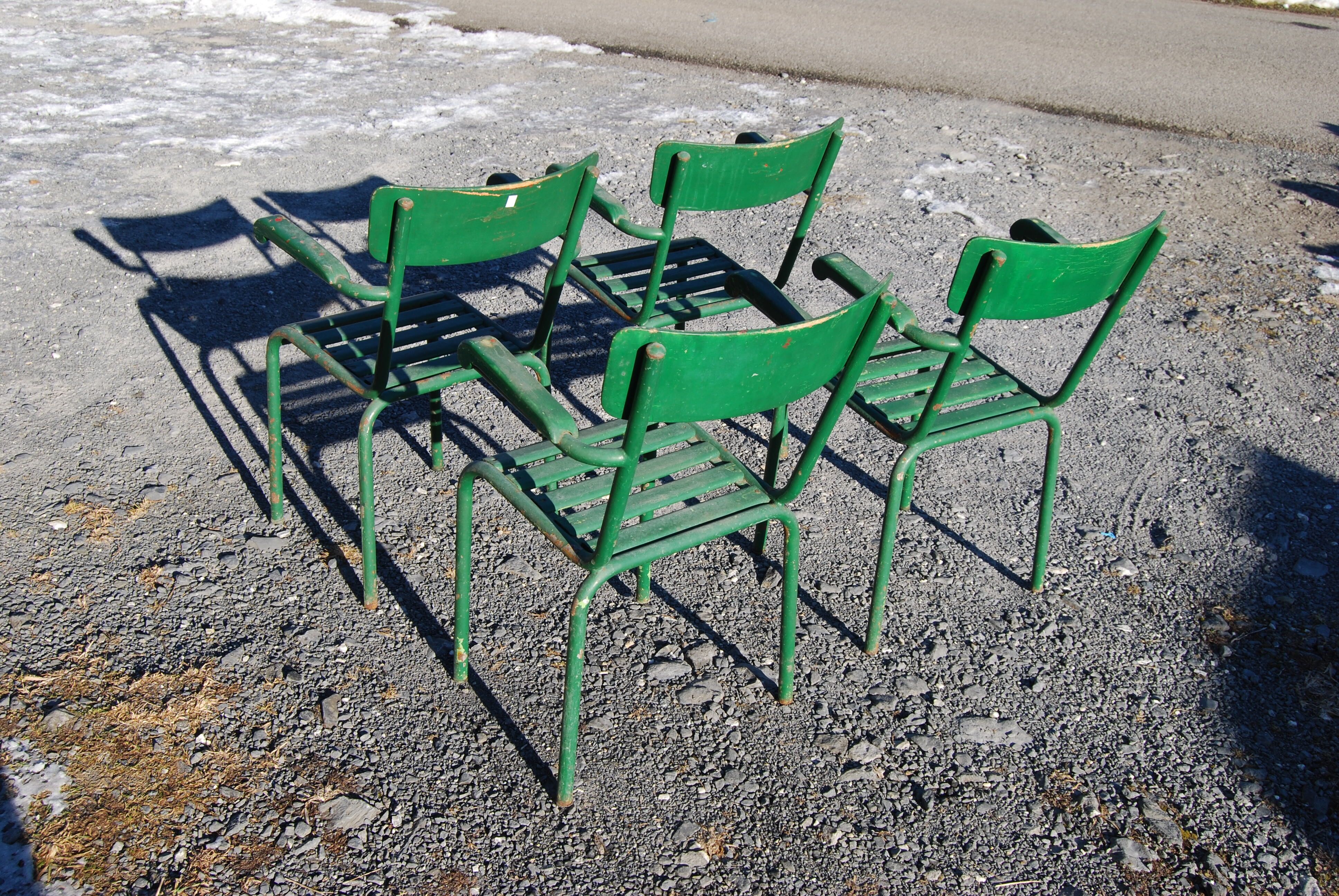 4 stackable garden armchairs wooden slats and metal tubes from the 50s