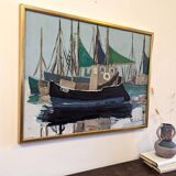 Mid-Century Modern Swedish "Green Sails" Vintage Seascape Oil Painting, Framed