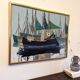 Mid-Century Modern Swedish "Green Sails" Vintage Seascape Oil Painting, Framed