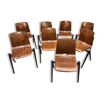 Lot de 8 chaises Galvanitas S22 bois et acier brun Pays-Bas Années 70