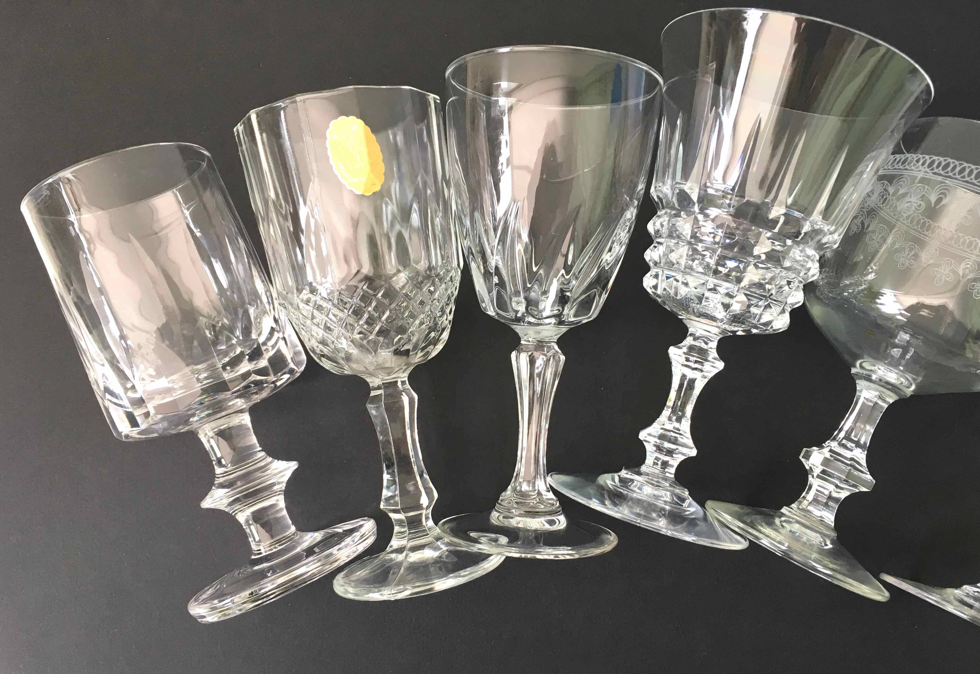 6 assorted crystal wine glasses