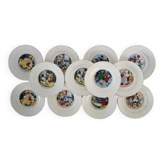 Dessert service of 12 speaking plates and Digoin dish from the 1930s