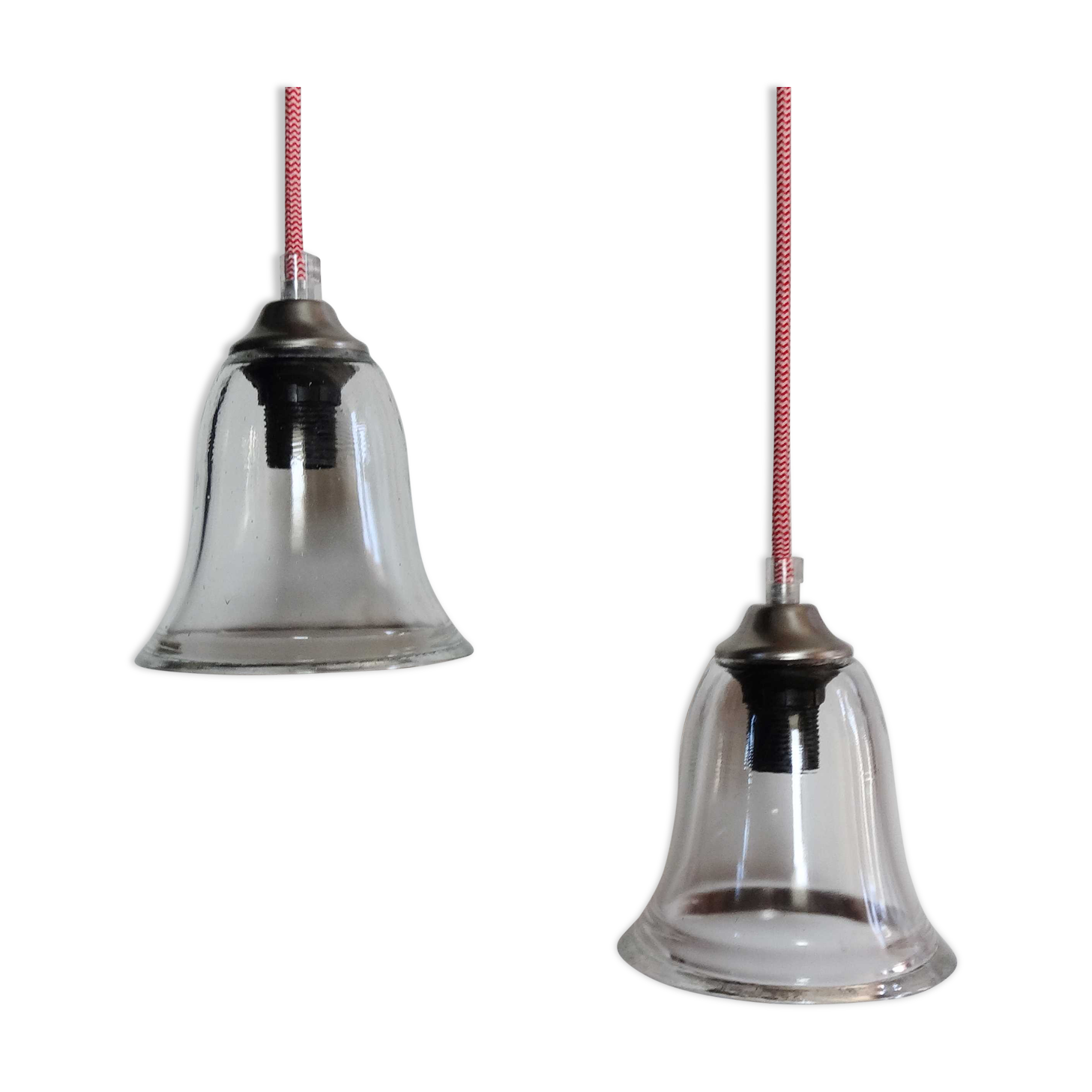 Duo de suspensions avec abat-jours en verre transparent vintage