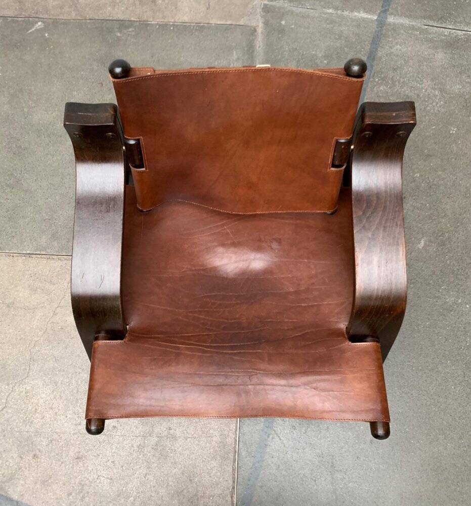 Brutalist Mid-Century Safari Armchair in Wood and Leather, 1960s
