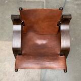 Brutalist Mid-Century Safari Armchair in Wood and Leather, 1960s