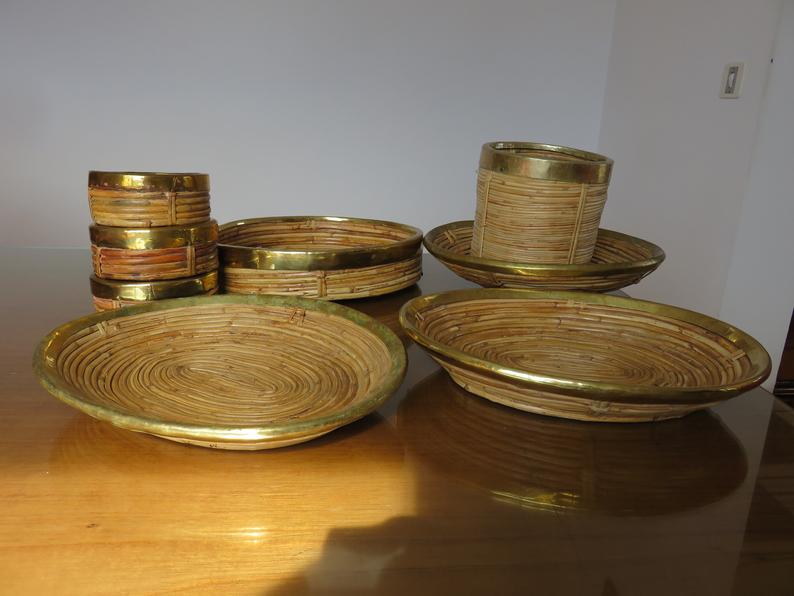 Round basket rattan and brass 60s 70s