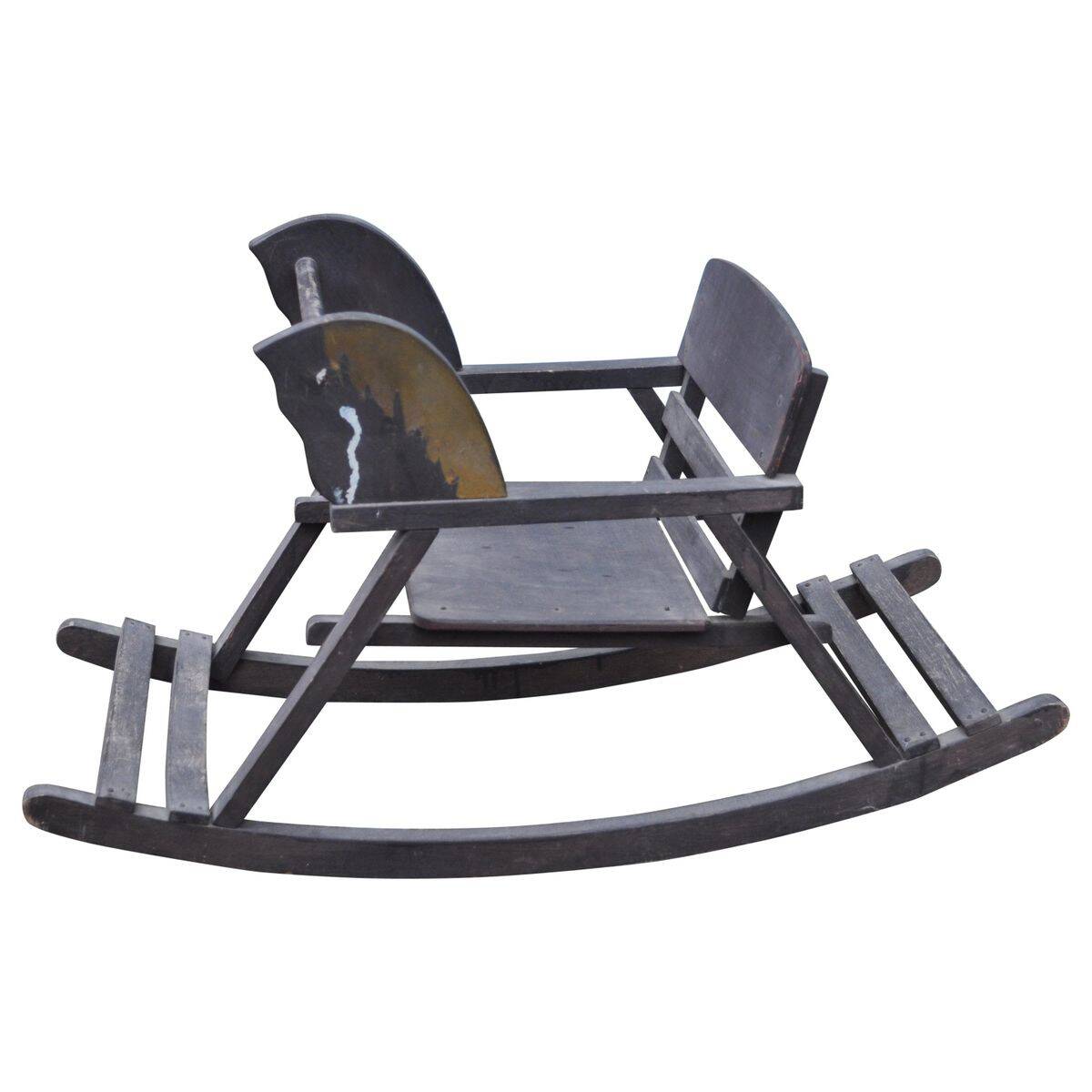 Vintage wooden rocking horse in painted brown — 1950s, Czech Republic