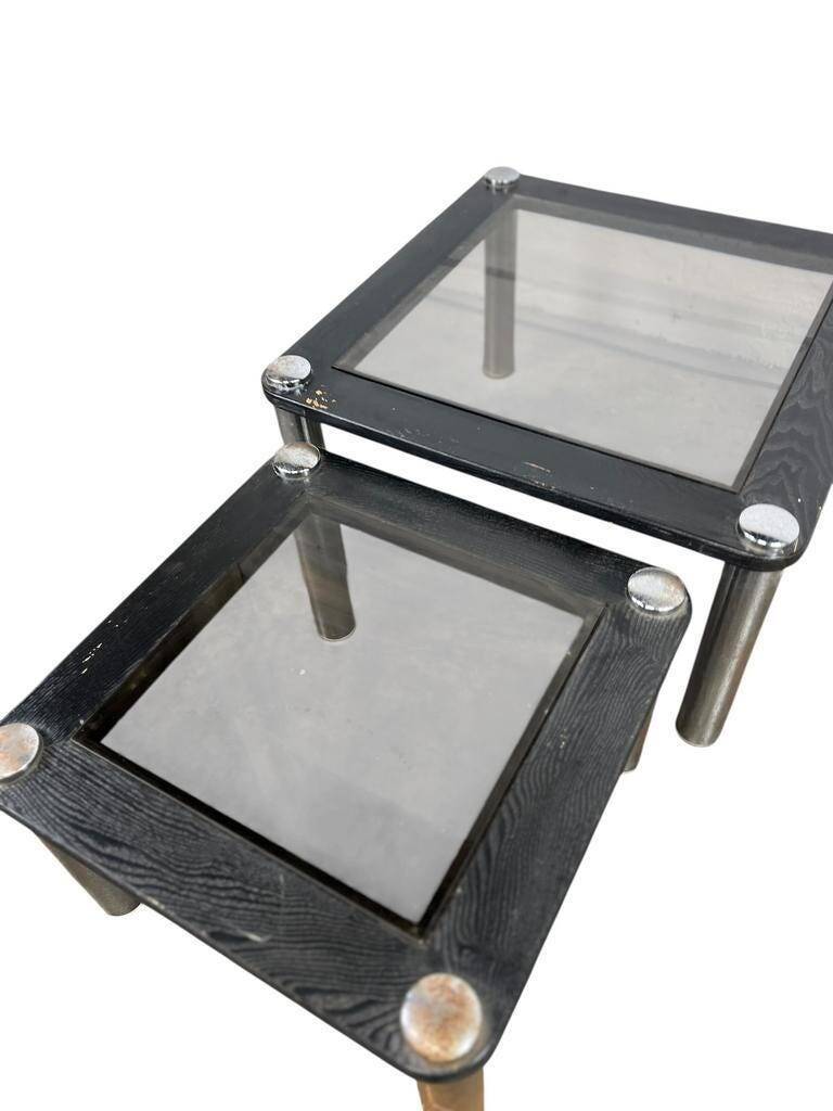 Set of 2 vintage nesting tables: wood and smoked chrome