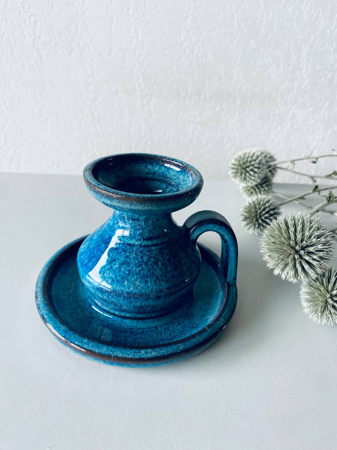 Candle holder in enamelled and signed stoneware