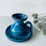 Candle holder in enamelled and signed stoneware