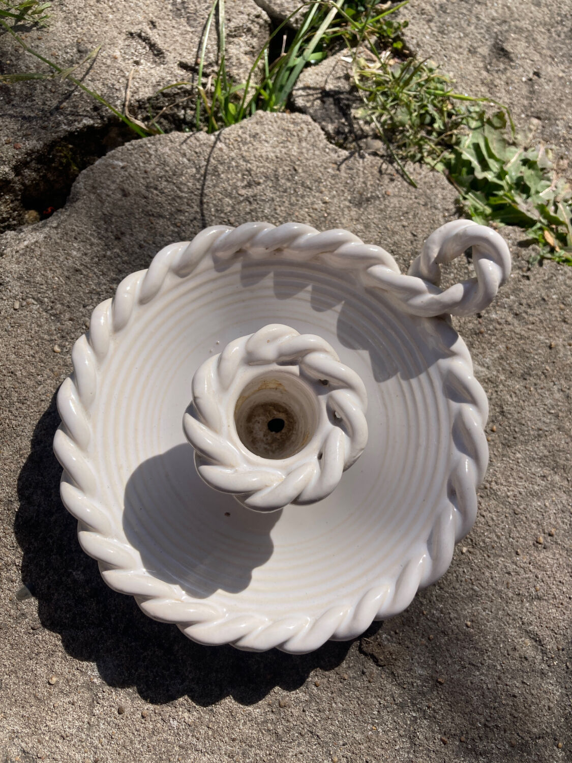 White ceramic candle holder twisted antique rope