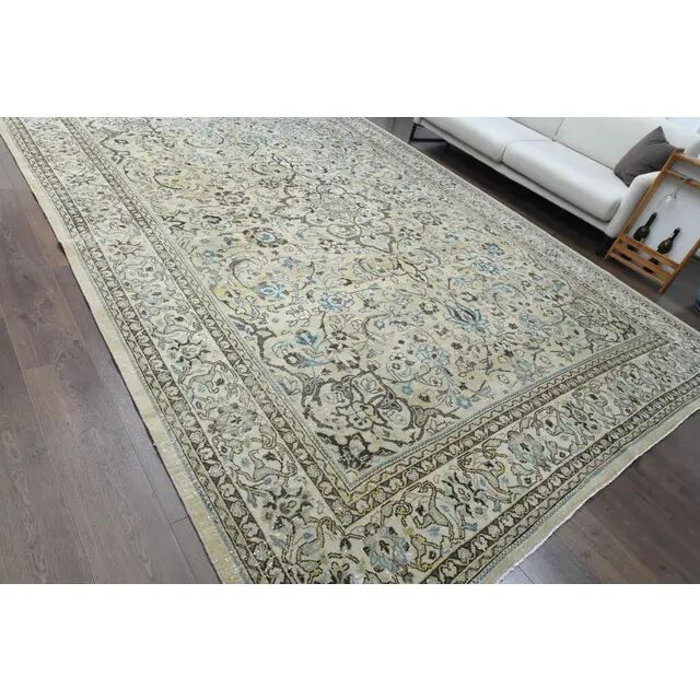 1960s Vintage Persian Handmade Wool Cotton Beige Area Rug 292x395