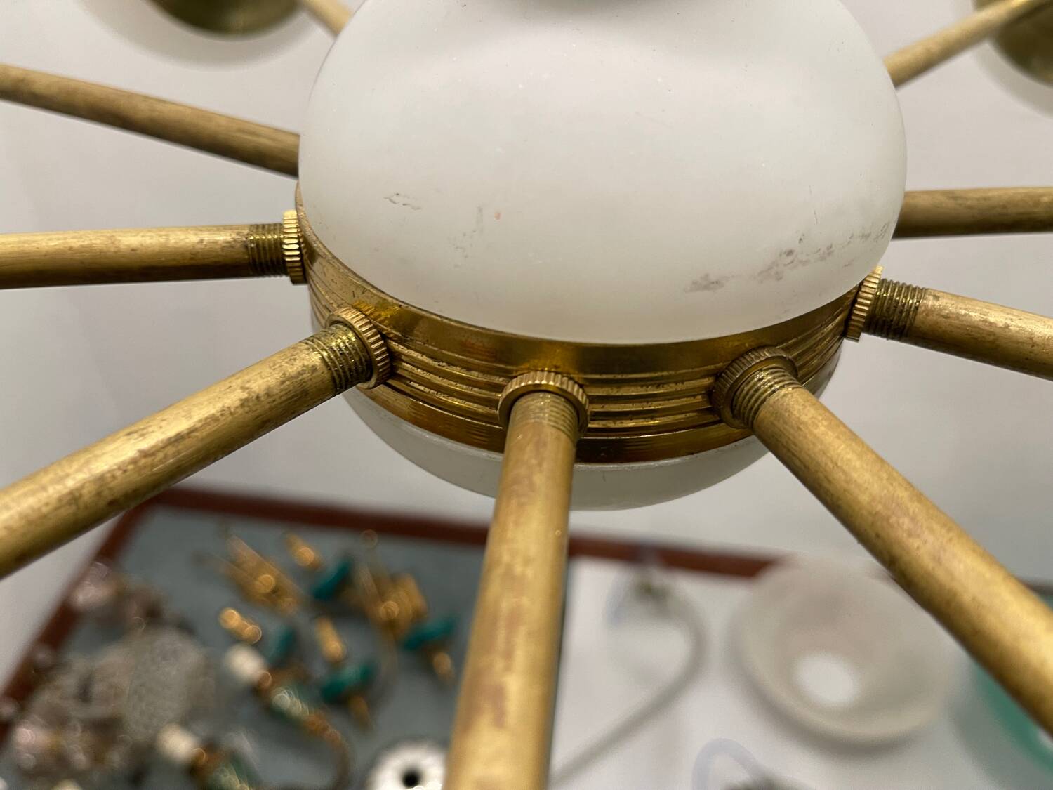 White Brass Opaline Glass Sputnik Chandelier 10 lights