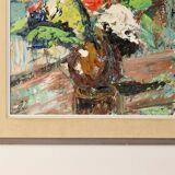 Original Large Swedish Mid-Century Oil on Canvas " Impressionistic Floral Arrangement in a Vase"