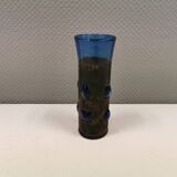 Brutalist style vase with inner blue glass mouth-blown out through the metal "frame".