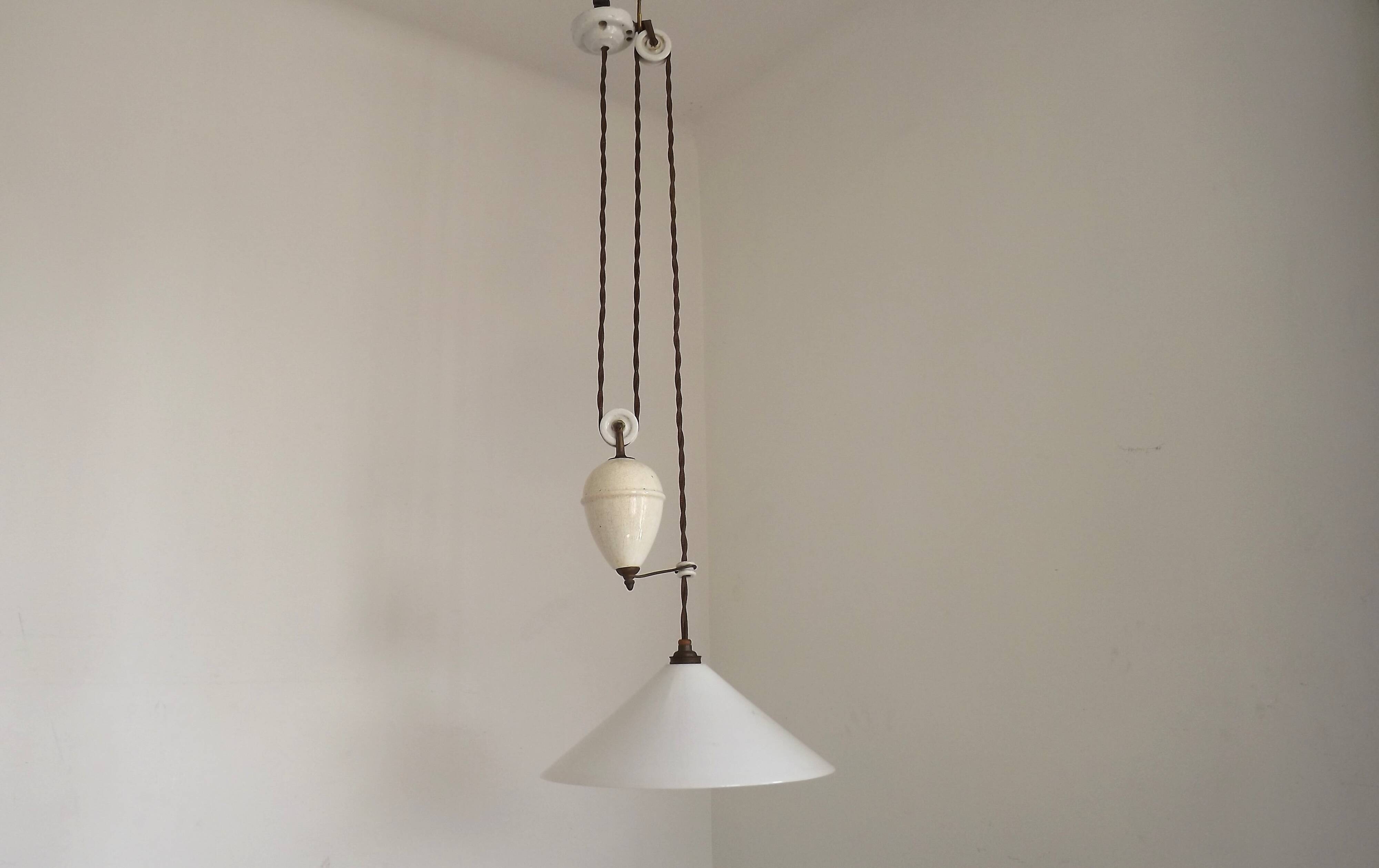 Vintage French Rise & Fall Counterbalance Ceiling Light Opaline Glass Shade