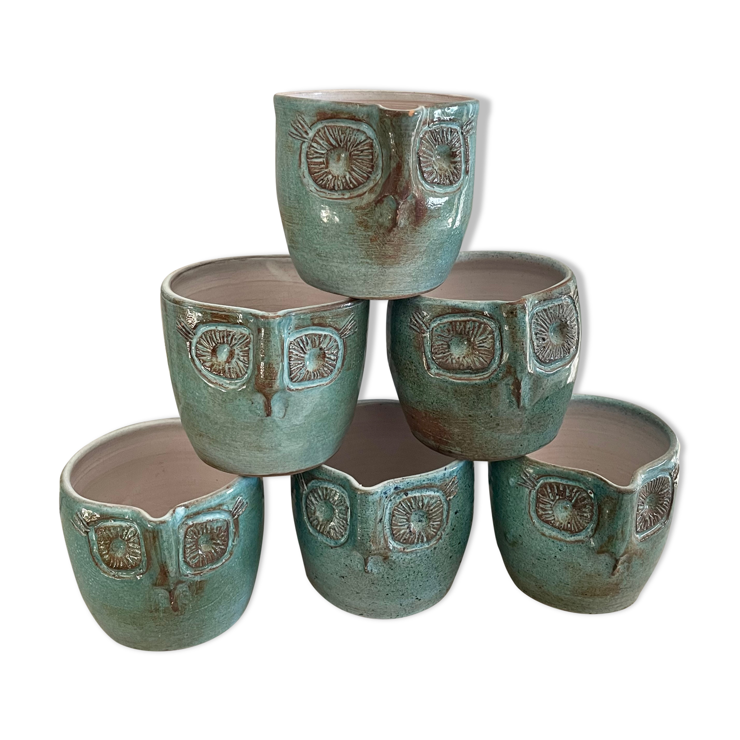 Set 6 vintage ceramic owl mugs