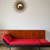 Day Bed sofa in skai, mottled red fabrics and black metal 1950
