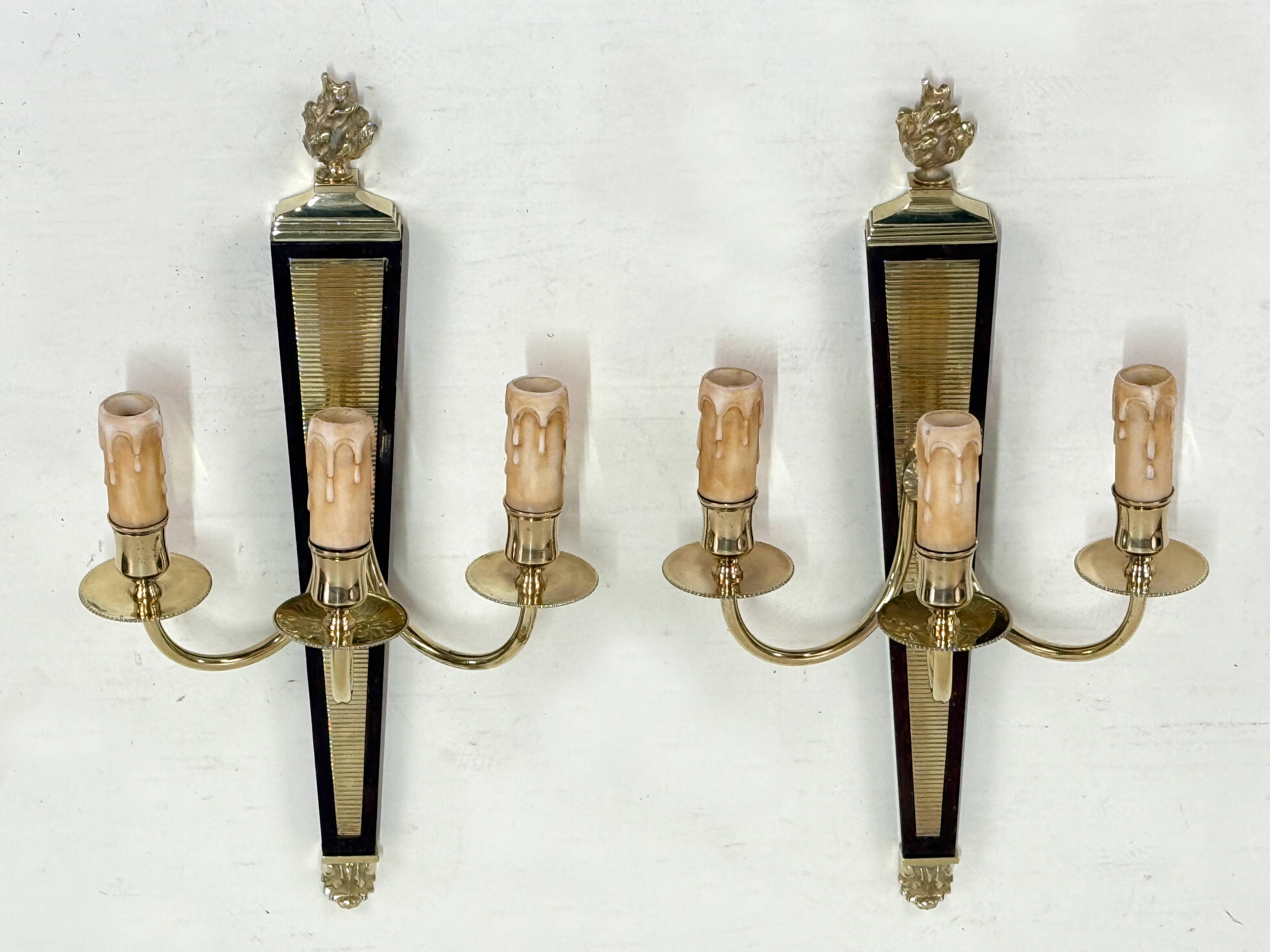 Antique Pair of 3-Light Wall Lights - Gilt Bronze and Mahogany - Neoclassical - 40's