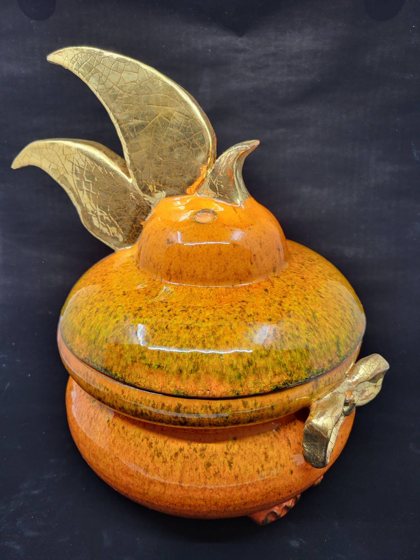 Gérard Crociani soup tureen in orange zoomorphic ceramic French gilded with fine gold Vallauris