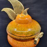 Gérard Crociani soup tureen in orange zoomorphic ceramic French gilded with fine gold Vallauris